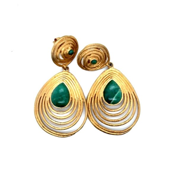 Pear Shaped Green Stone Matte Gold Earrings - Picture 1 of 5